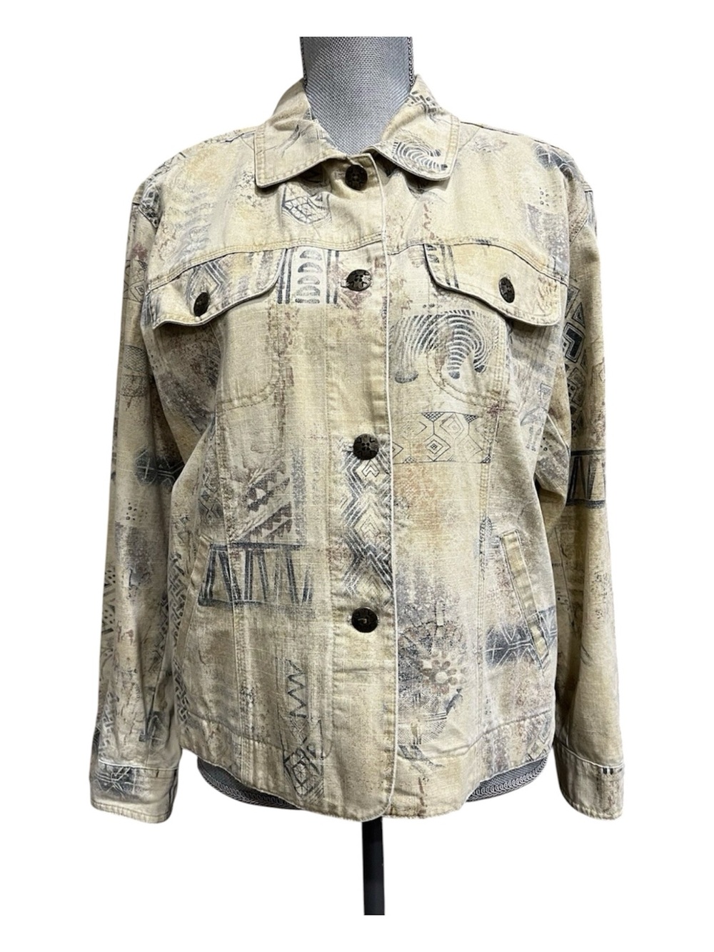 Chico's Denim Jacket Sz 2 Safari Neutral Zebra Distressed